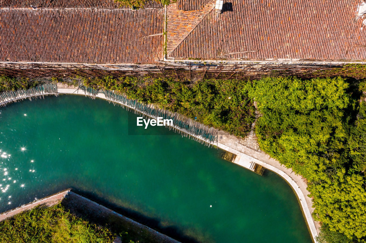 Aerial view of the plagued ghost island of poveglia in venice