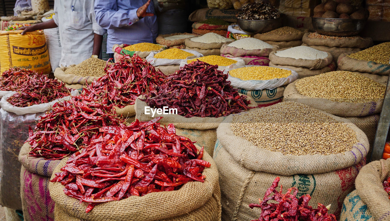 Sacks of food and spices at an indian spice market, old delhi