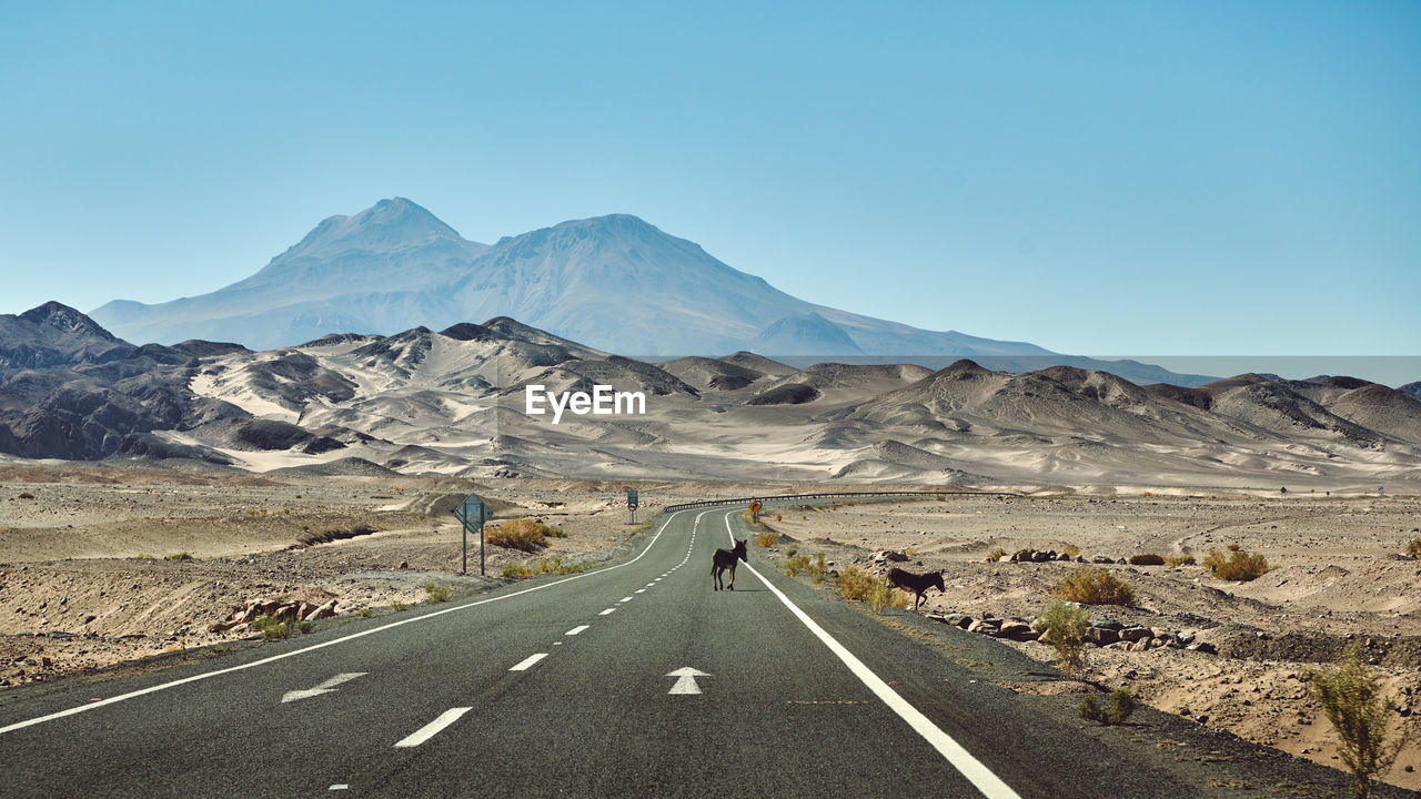 Scenic view of mountains in desert with country road against clear sky