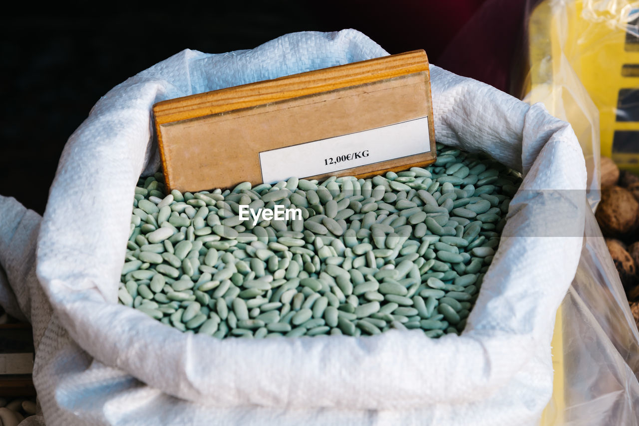 Green beans legume in sack in food market in cangas de onis, asturias, spain