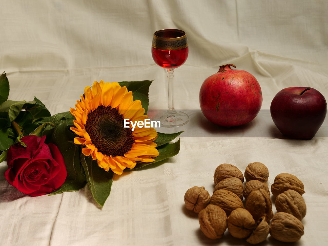 High angle view of fruit and flowers on table