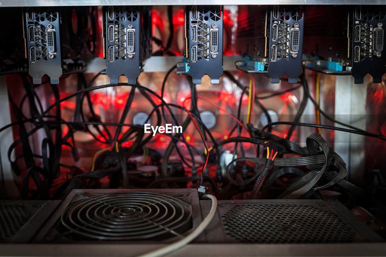 Close-up equipment for mining crypto-bitcoin, ether. video cards, motherboards