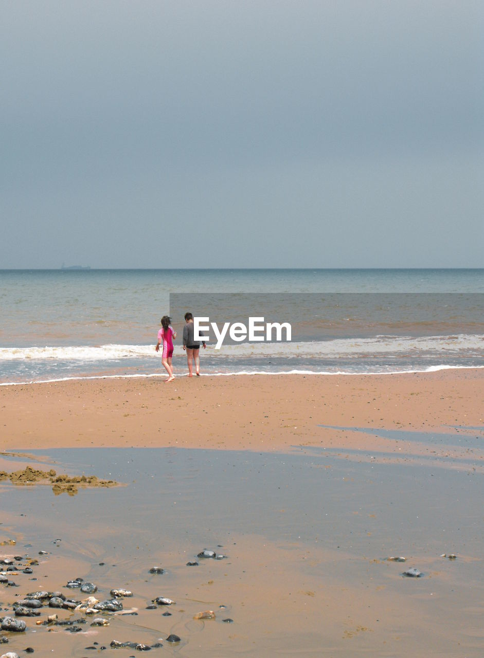 Rear view of siblings on shore at beach against clear sky