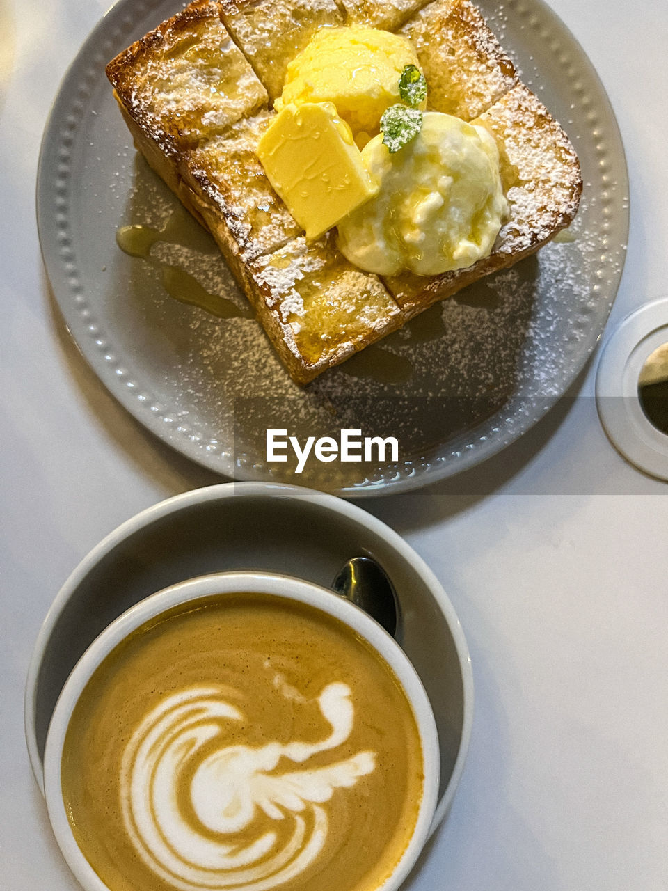 food and drink, food, dish, breakfast, meal, freshness, sweet food, healthy eating, drink, produce, indoors, high angle view, sweet, no people, dessert, still life, refreshment, coffee, dairy, plate, wellbeing, cake, baked, table, studio shot, directly above