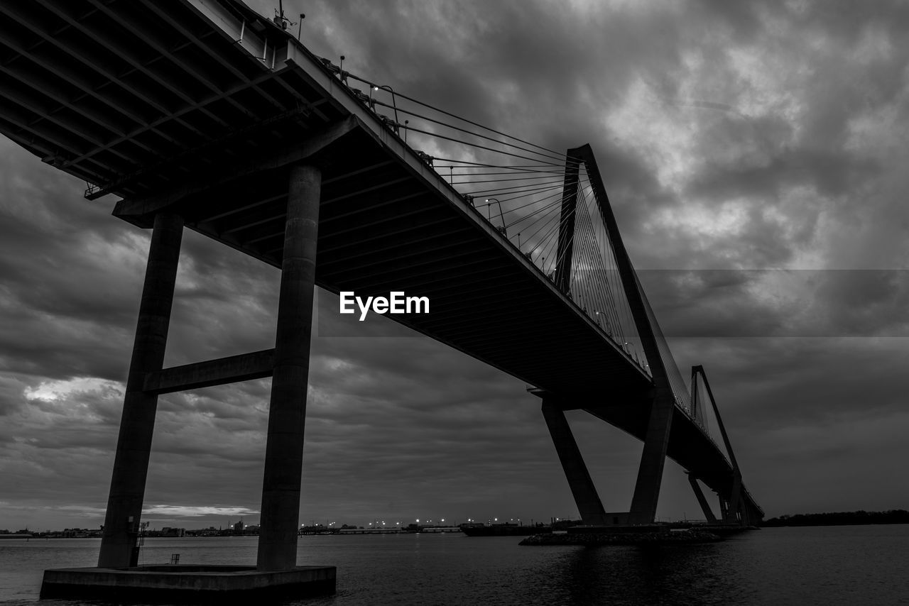 LOW ANGLE VIEW OF SUSPENSION BRIDGE OVER RIVER
