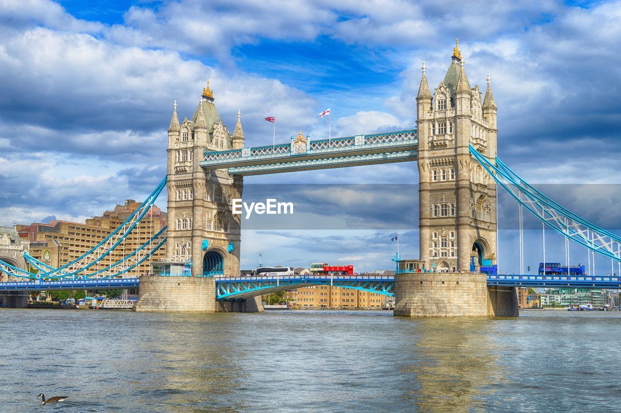 View of bridge over river against cloudy sky