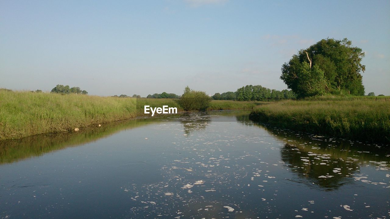 Scenic view of river amidst grassy landscape against sky