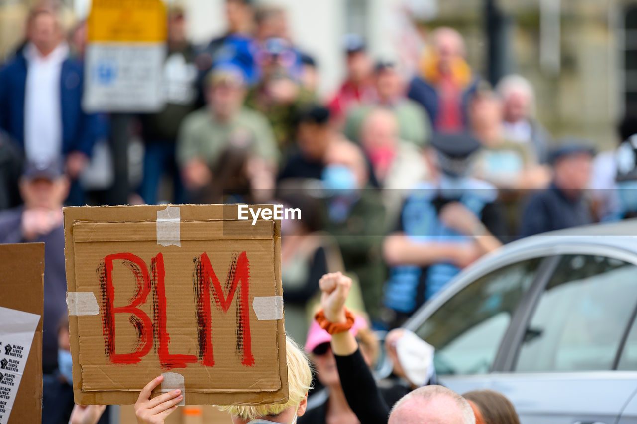 Richmond, north yorkshire, uk - june 14, 2020 homemade black lives matter signs at a blm protest