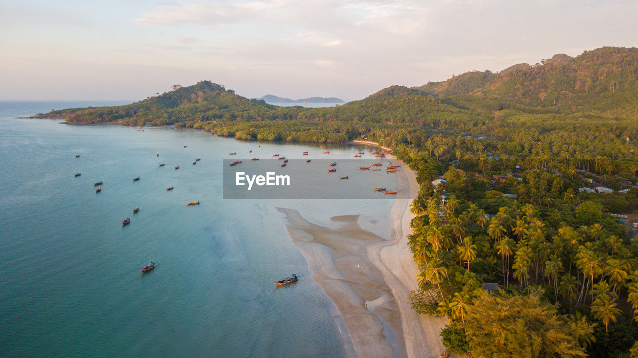 Aerial view of koh mook with beautiful sky on morning, at trang, thailand. 