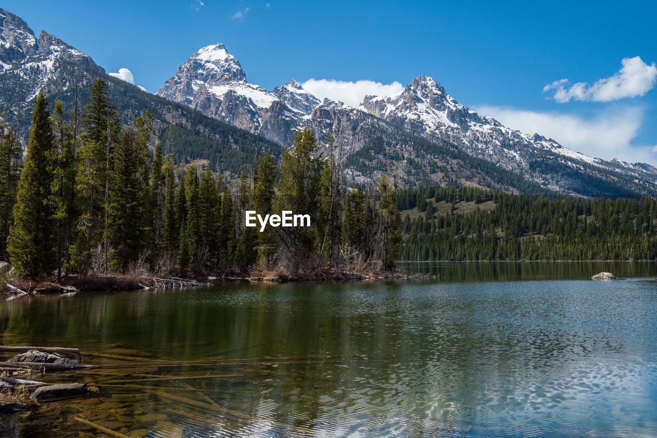 Scenic view of lake by snowcapped mountains against sky