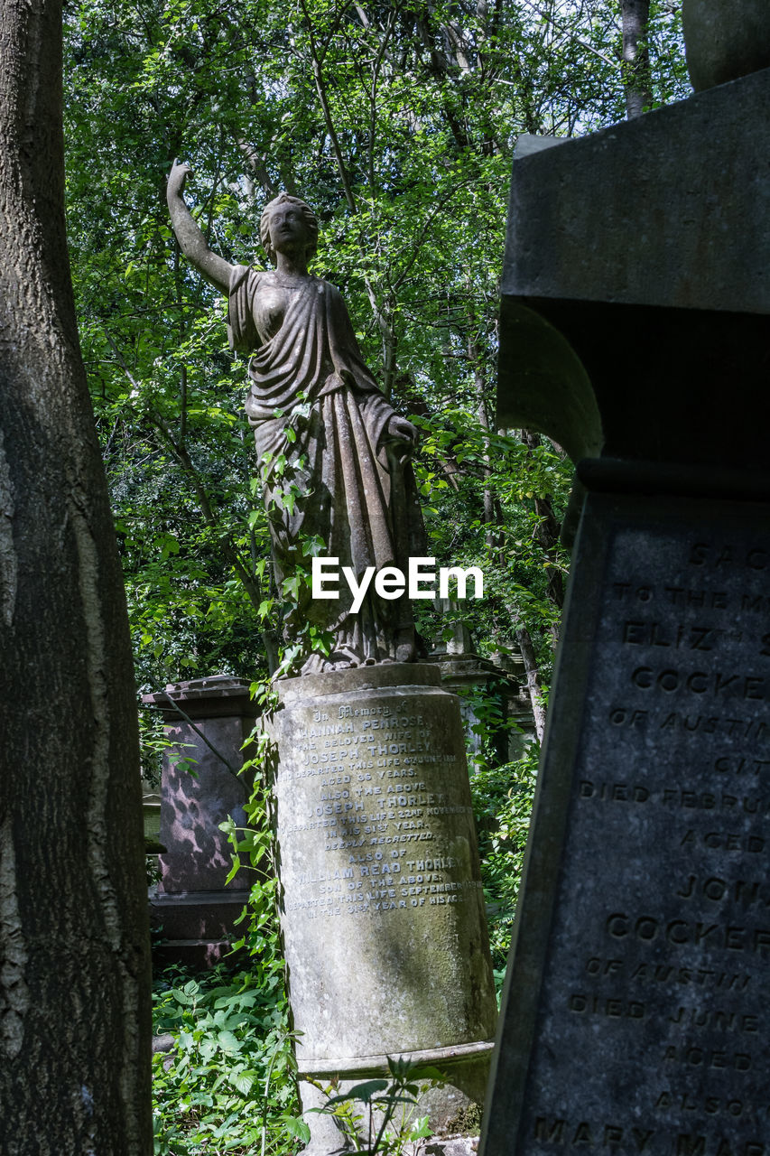 Statue of cemetery against trees