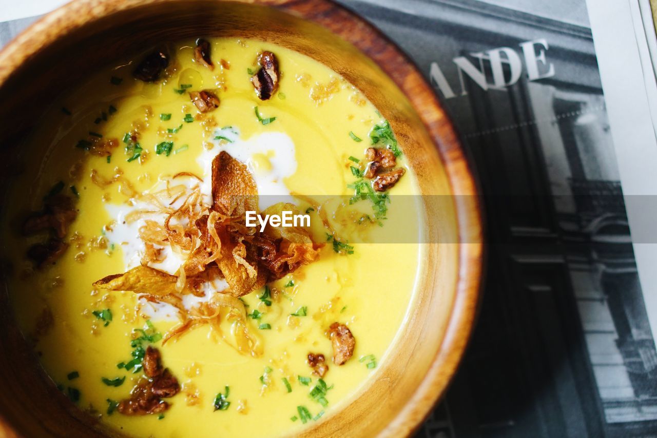 High angle view of soup in bowl on table