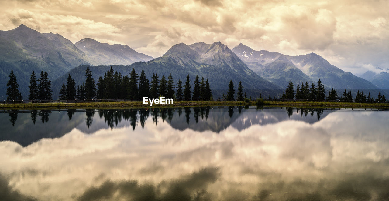 Panoramic view of lake and mountains against sky