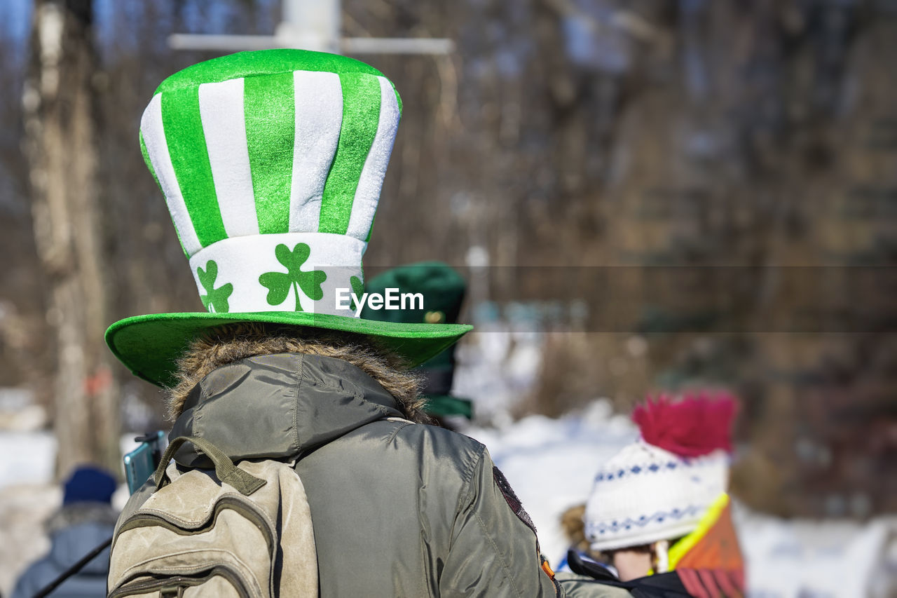 Rear view of woman wearing hat on st patrick day