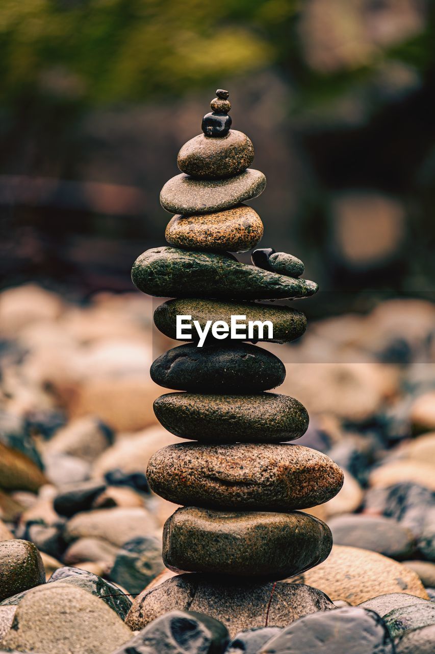 Close-up of stone stack on rock