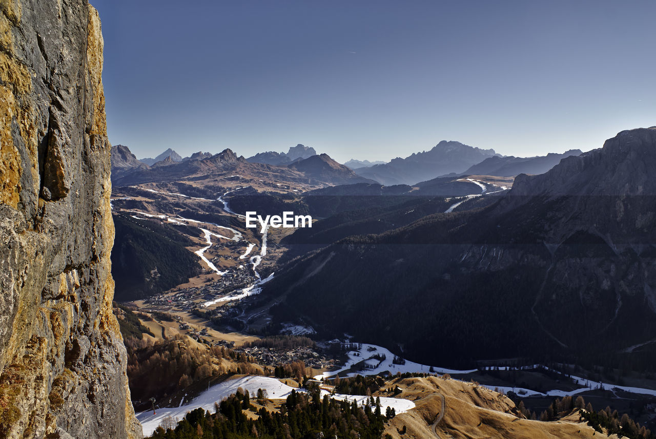 Panoramic view of mountains against clear sky