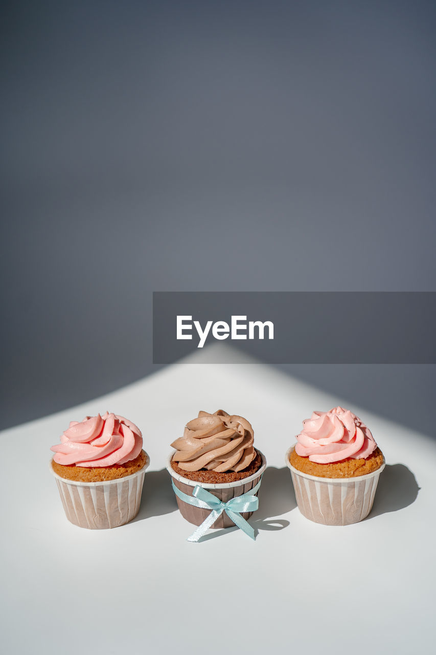 Cupcakes on a white sunny background with a shadow.