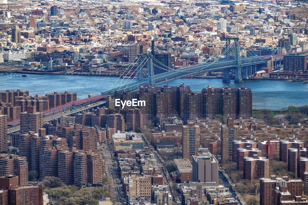 High angle view of george washington bridge and cityscape