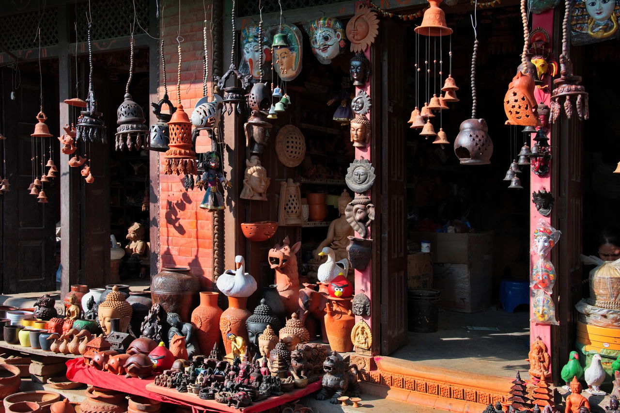 Pottery square in bhaktapur durbar square full of clay pots and clay figures, nepal