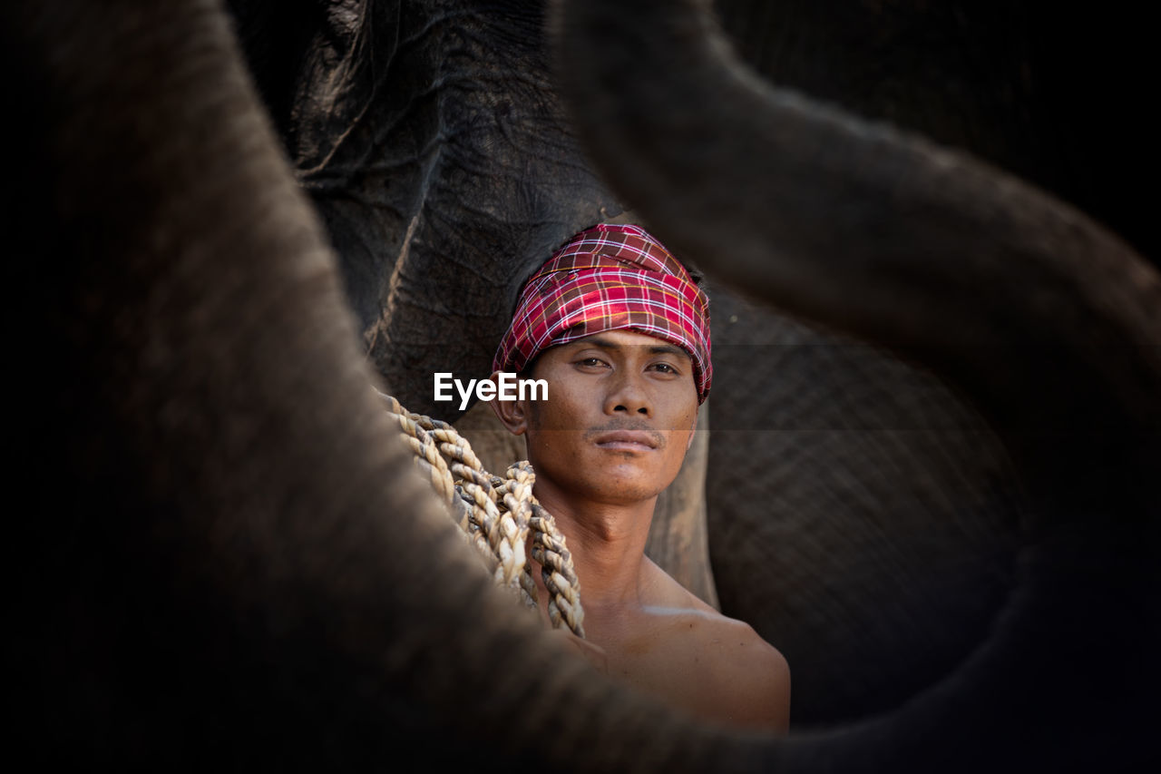 Portrait of man seen through elephant trunk