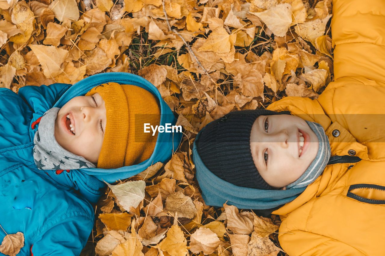 Children lie on yellow leaves on the ground. boys in jacket, scatters leaves in an autumn park. 