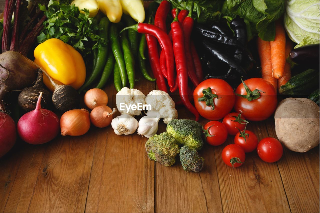 high angle view of vegetables on wooden table