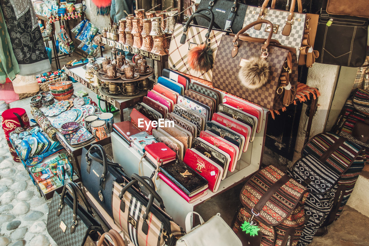 High angle view of purses for sale in market