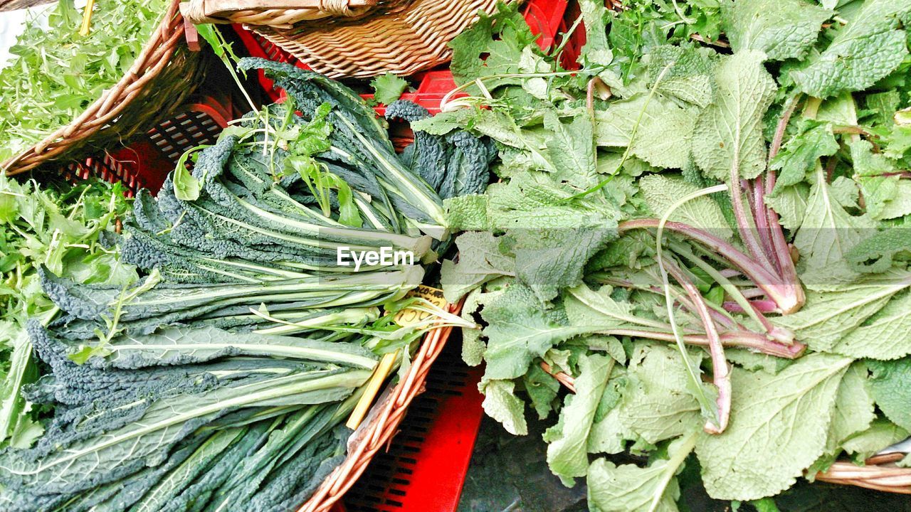 High angle view of fresh kale and chard leaves in wicker basket for sale