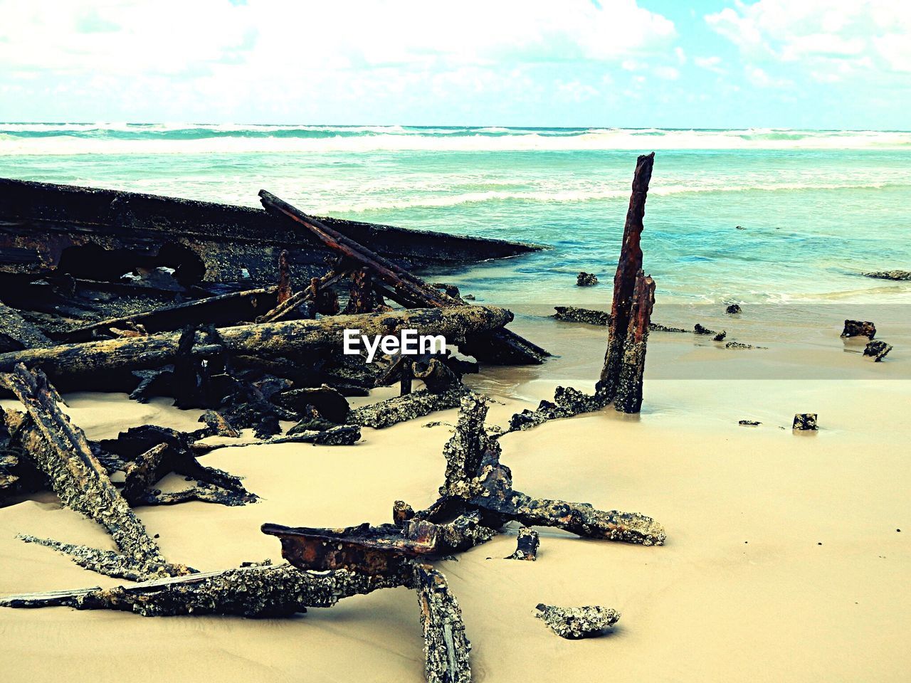 Shipwreck at beach against sky