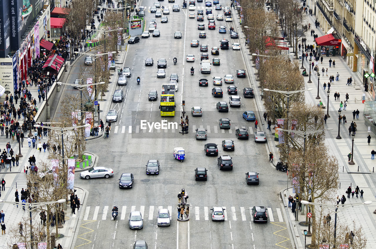 Top view of traffic in the champs elysees in paris