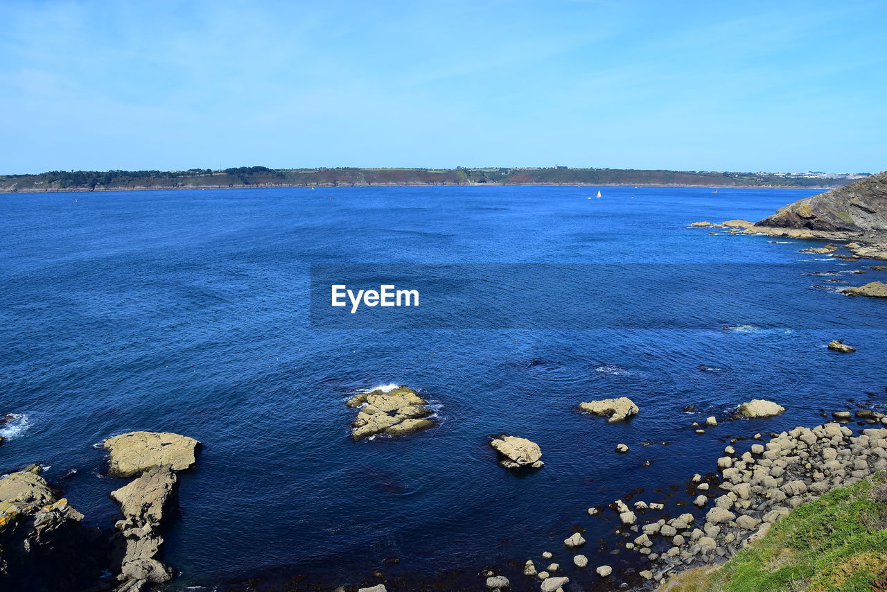 Scenic view of sea against clear blue sky