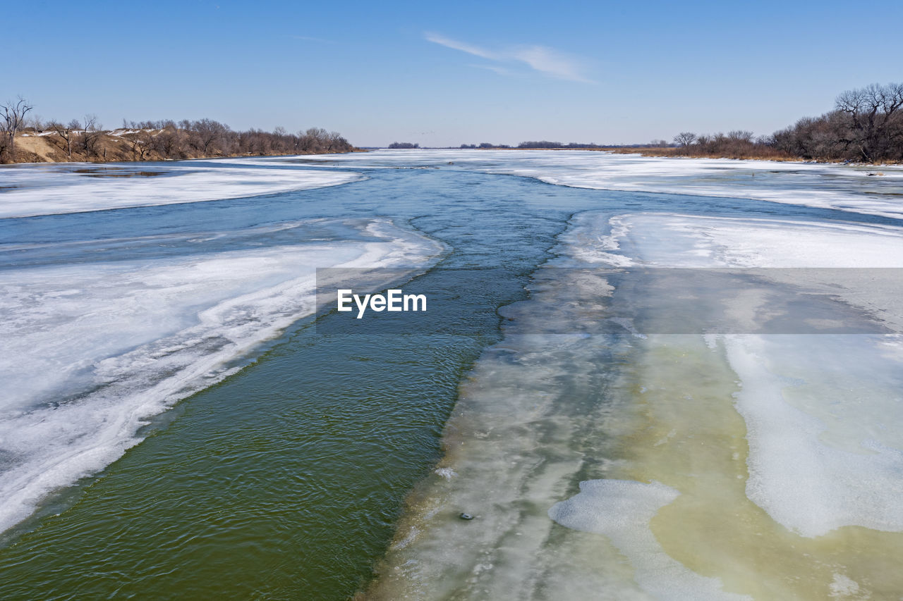 Ice and water on the platte river in late winter near kearney, nebraska