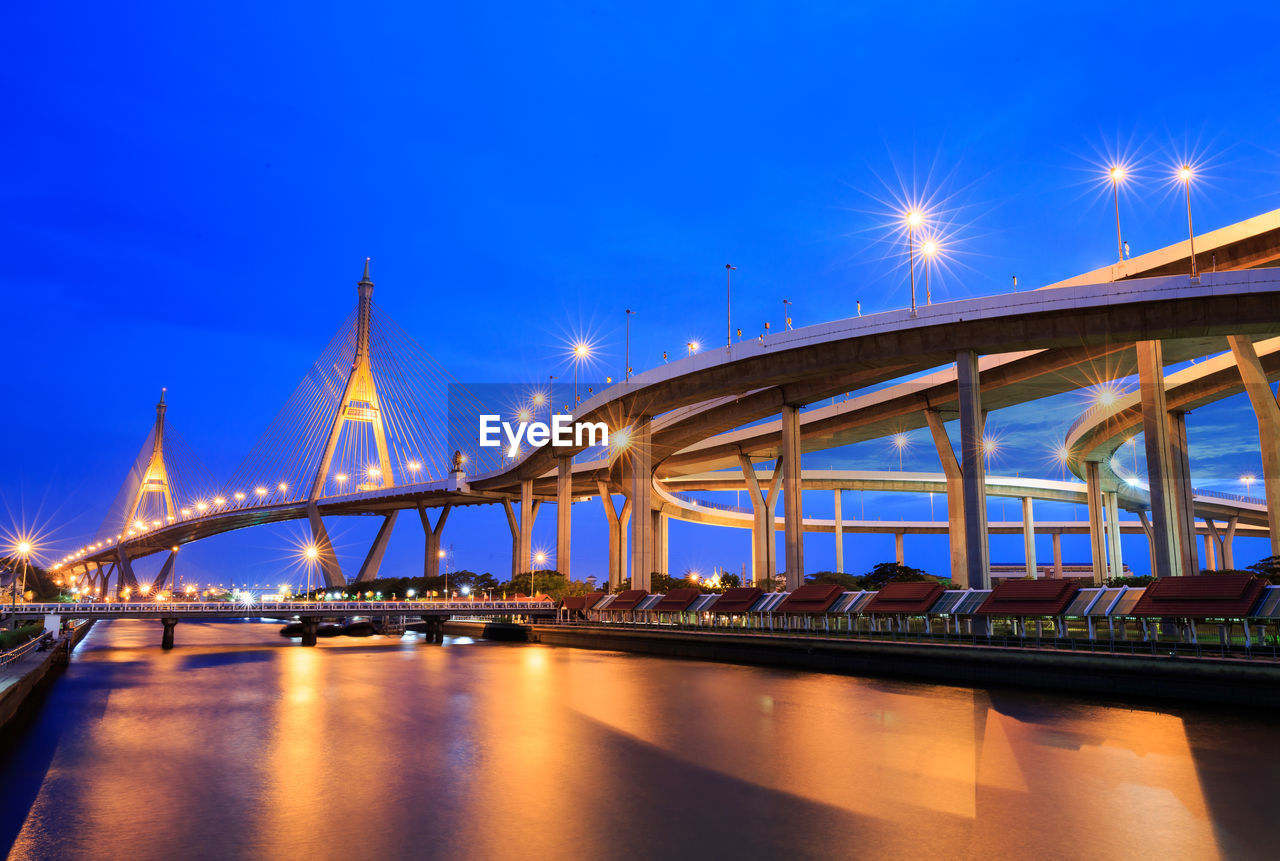 Illuminated bridge over river against blue sky at night