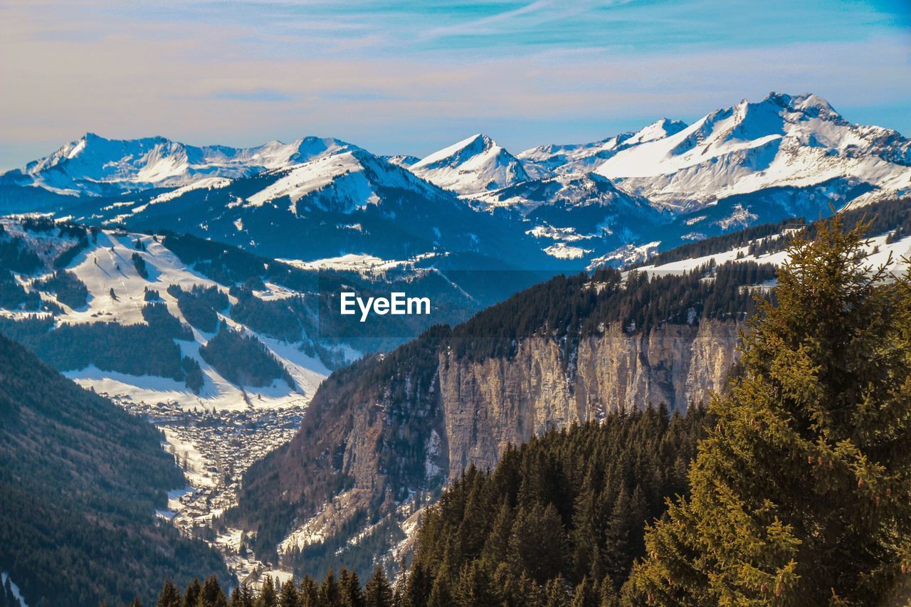 High angle view of snow covered valley