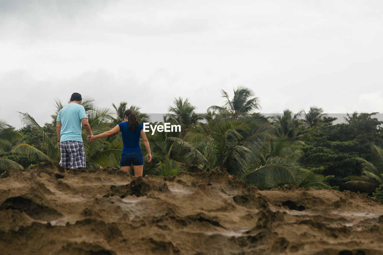 Rear view of couple holding hands at beach