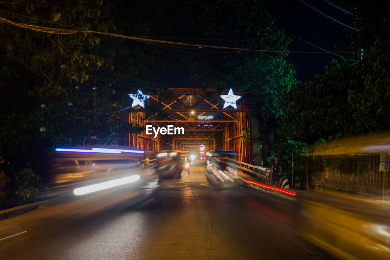 Light trails on road at night
