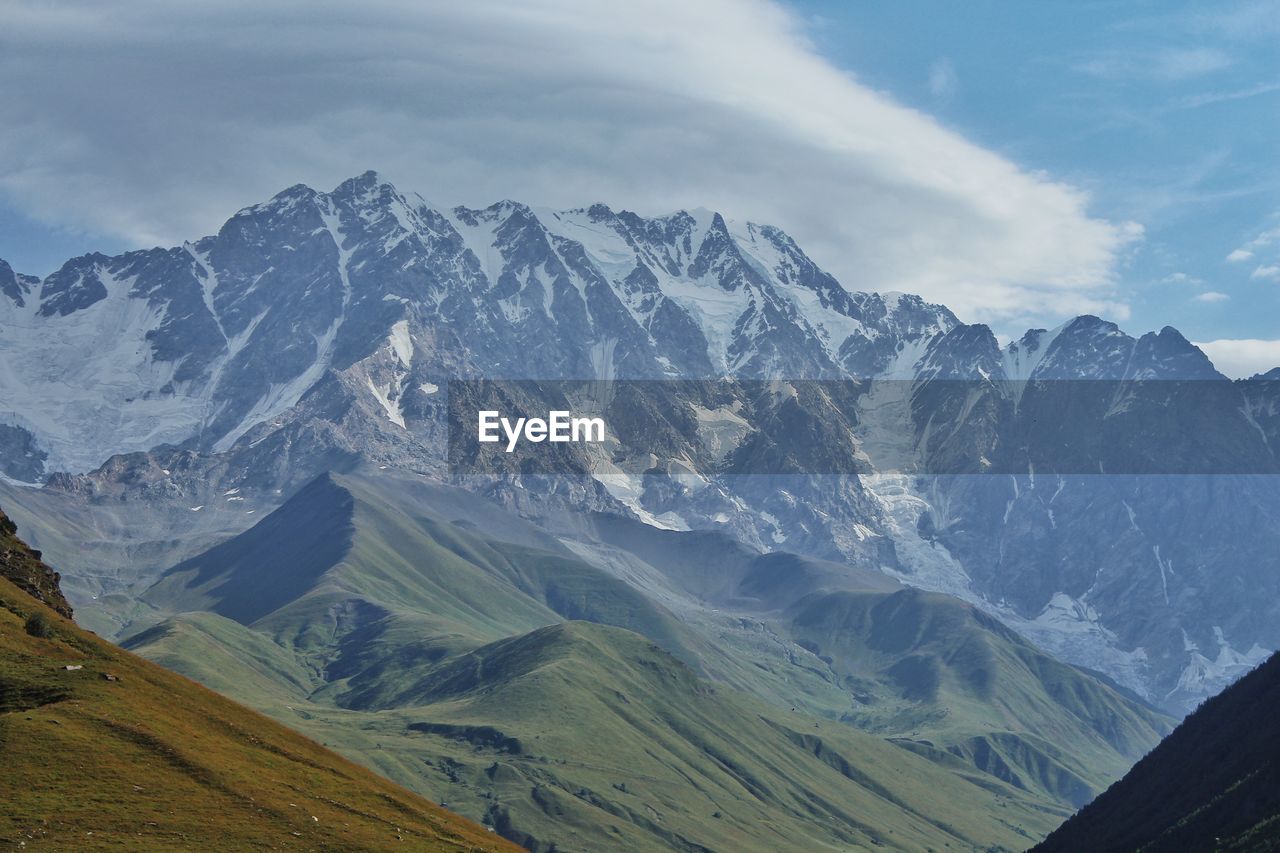 Scenic view of snowcapped mountains against sky