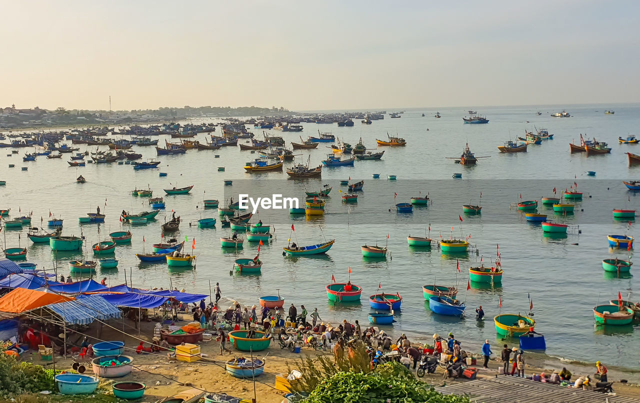 Scenic view of busy fish market at the beach which is located in mui ne, vietnam.