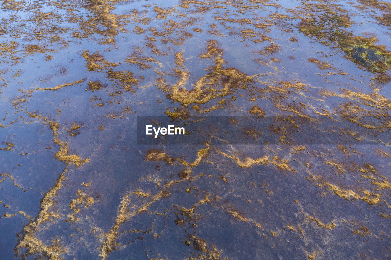 From above river estuary located in wetland on cold winter day in countryside of iceland