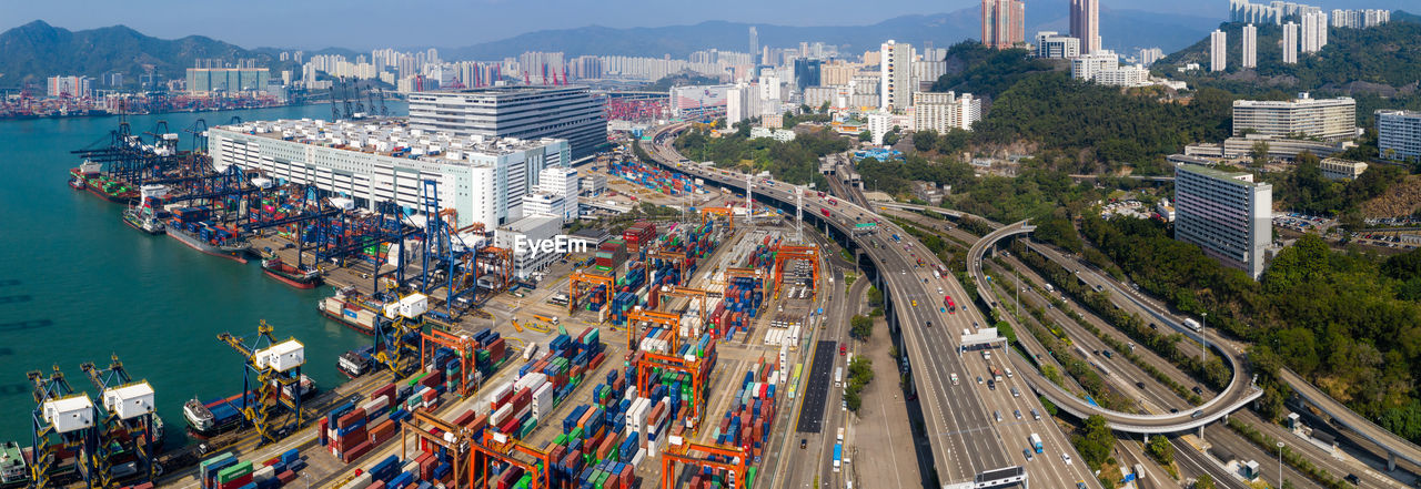 Aerial view of cargo containers in city