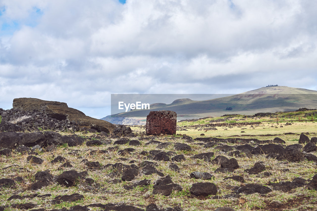 Panoramic view of landscape against sky toppled moai