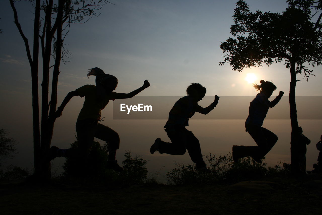 Silhouette people jumping on field against sky during sunset