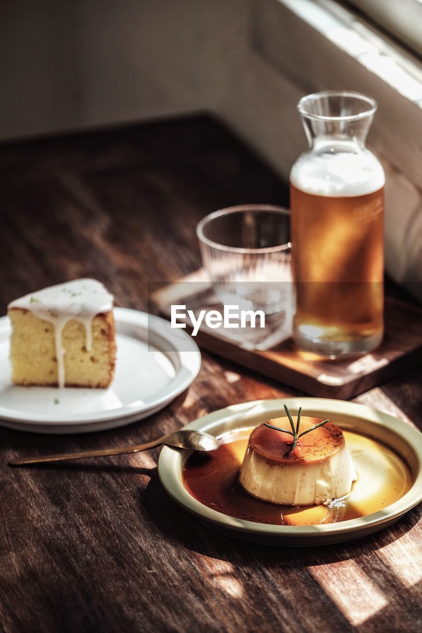 High angle view of sweet food and drink on table