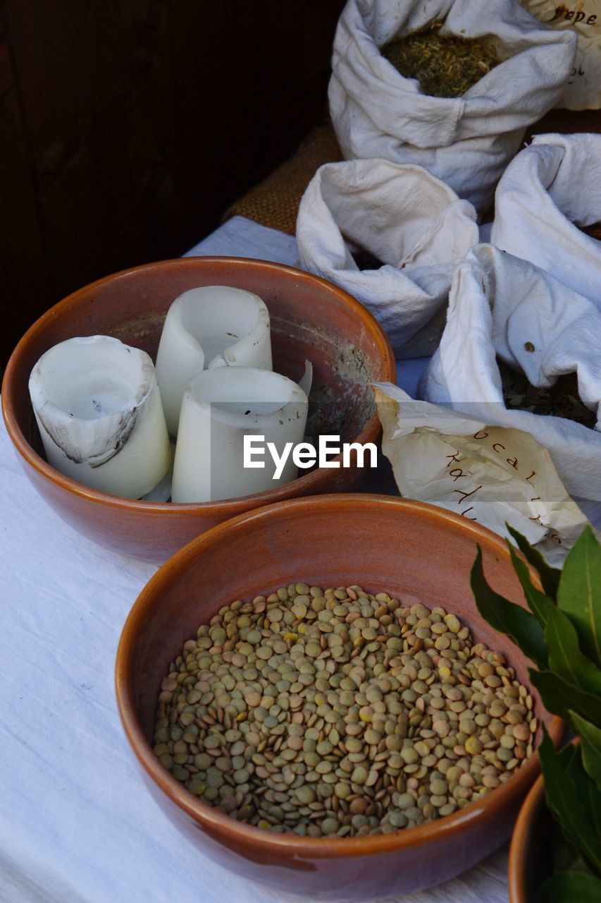 High angle view of vegetables in bowl on table