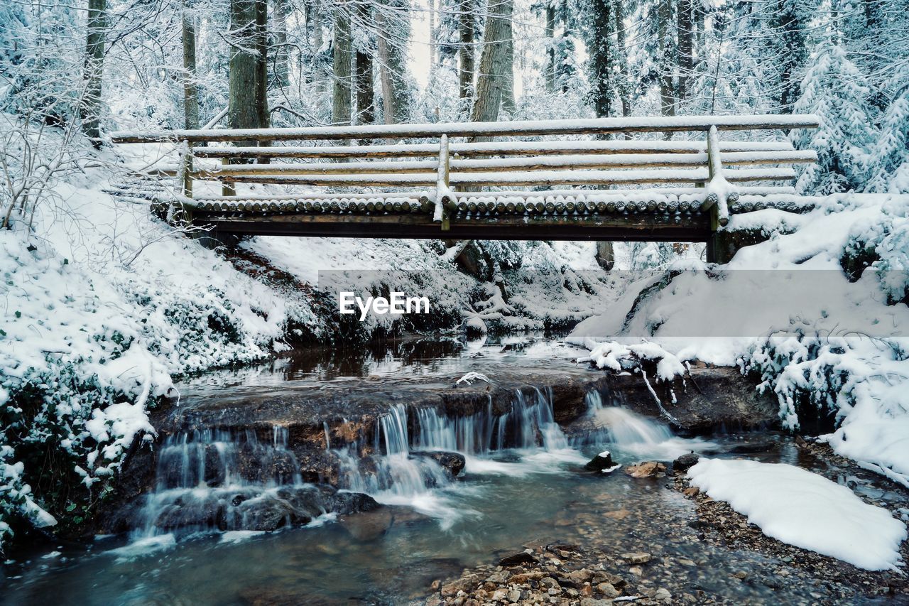 Low angle view of footbridge over stream in snow covered forest