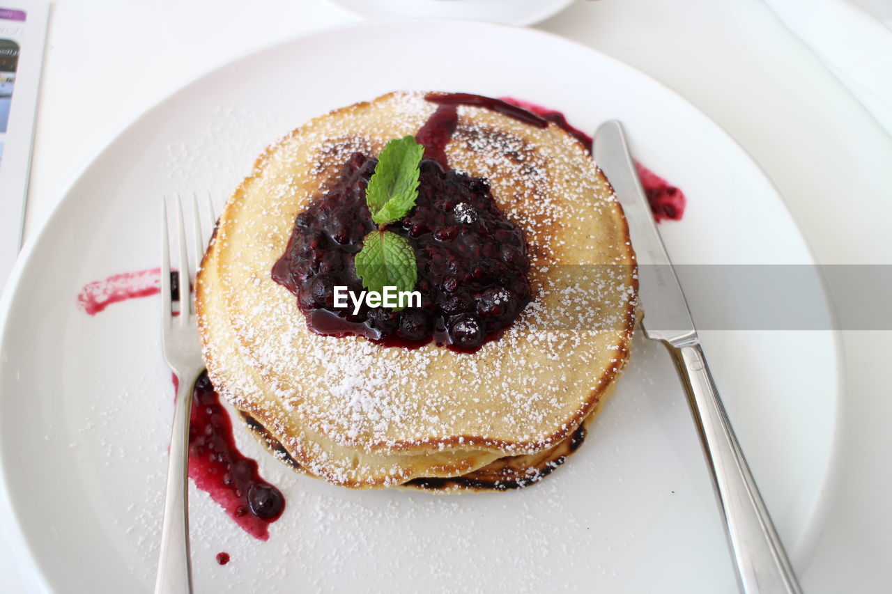 HIGH ANGLE VIEW OF CAKE IN PLATE ON TRAY