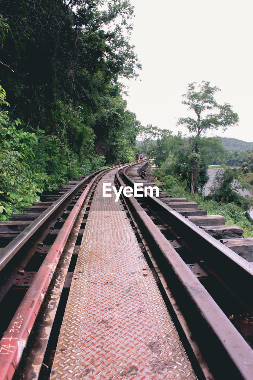 Railway tracks amidst trees against clear sky