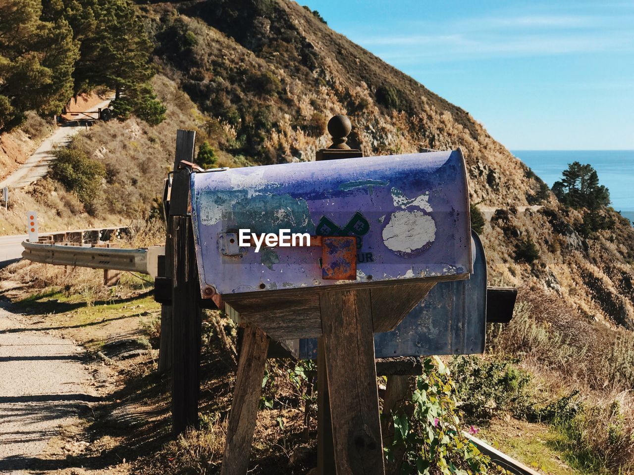 Close-up of text on tree against mountain