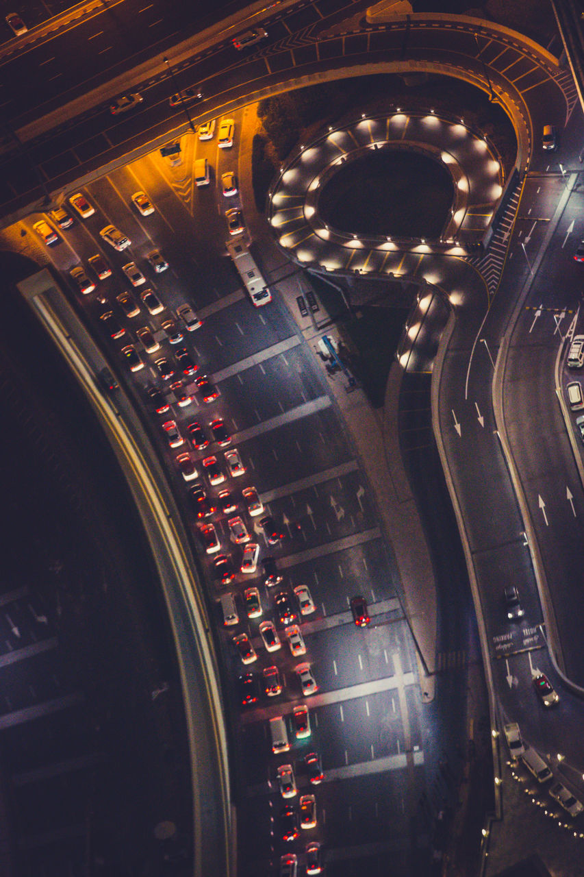 Aerial view of illuminated road