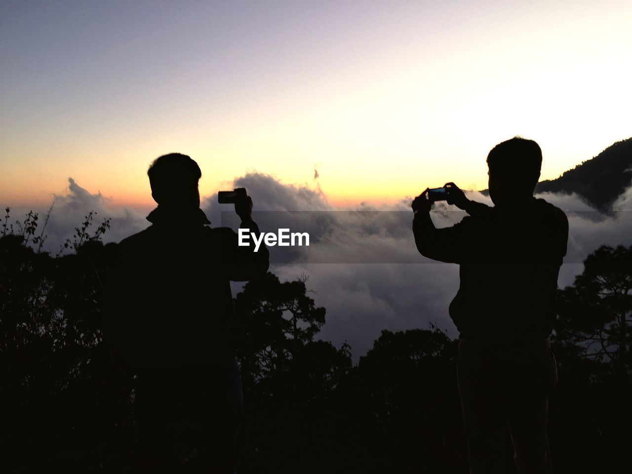 Rear view of silhouette friends photographing with smart phone while standing against sky during sunset